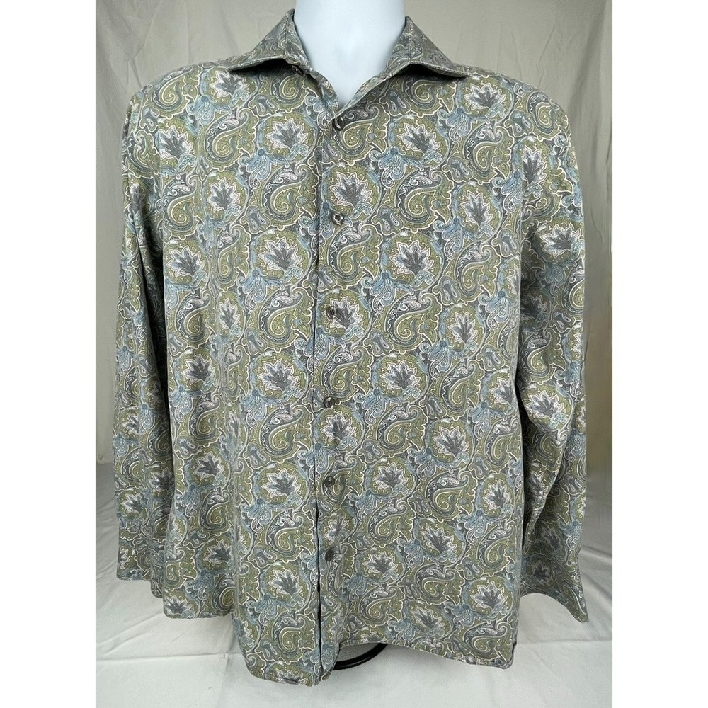 TALLIA MENS PAISLEY DRESS SHIRT LARGE 16.5 GREEN BLUE COTTON BUTTON UP LONG SLEE